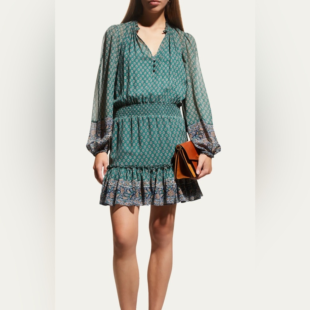 Veronica Beard Destiny Dress Silk Seaglass Multi Green Smocked Mini 2